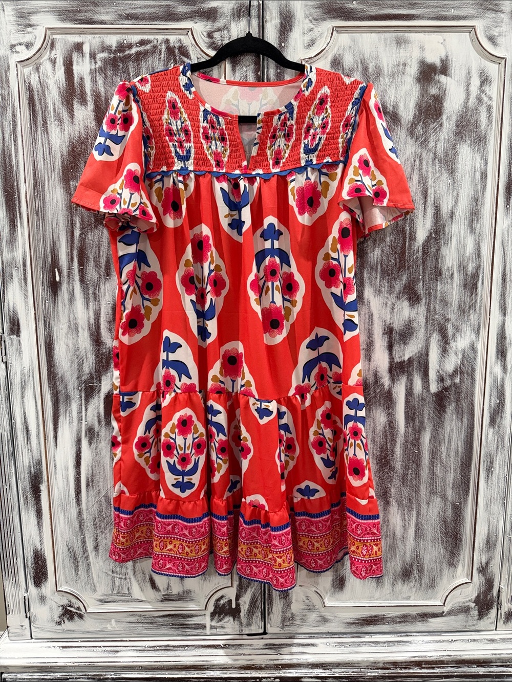 SHEIN Coral Floral Smocked Yoke Casual Dress